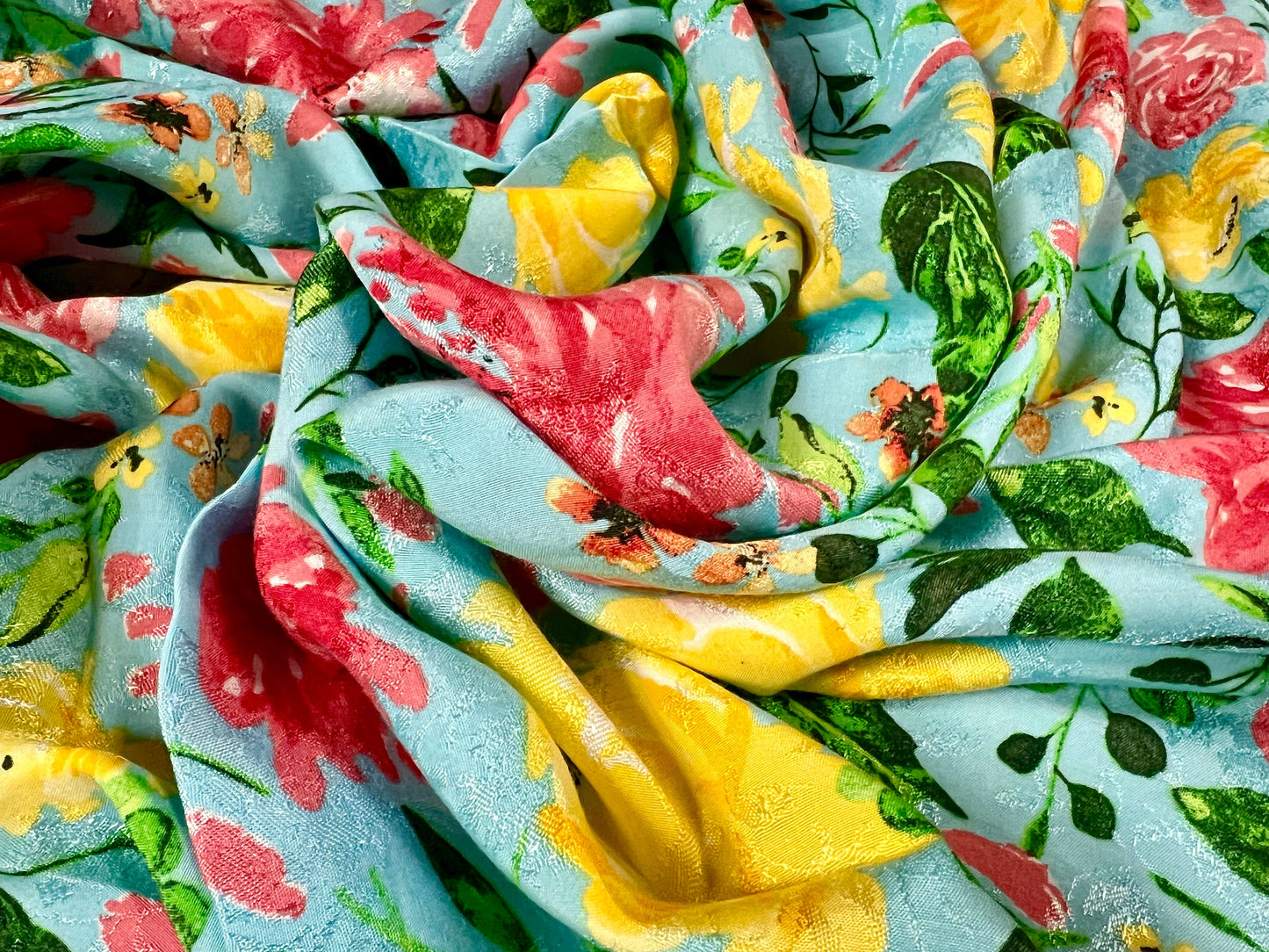 Woven jacquard dress fabric, per metre -flower print - blue pink & yellow