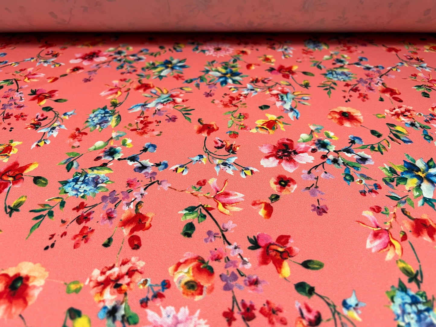Scuba stretch spandex jersey fabric, per metre - flowers print - coral pink