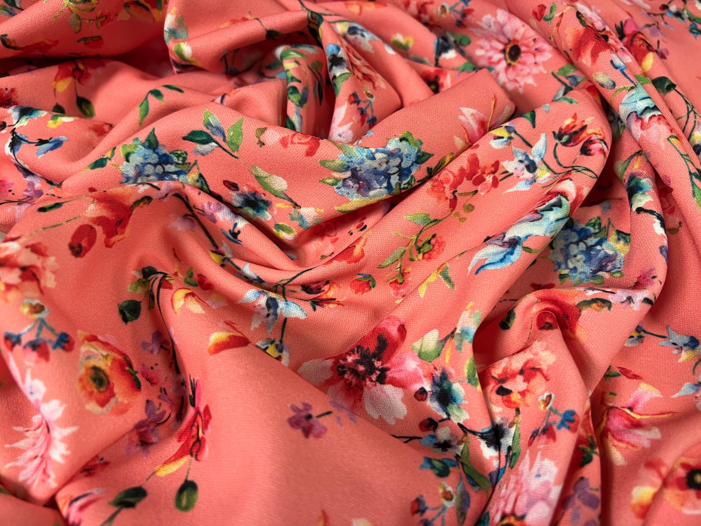 Scuba stretch spandex jersey fabric, per metre - flowers print - coral pink
