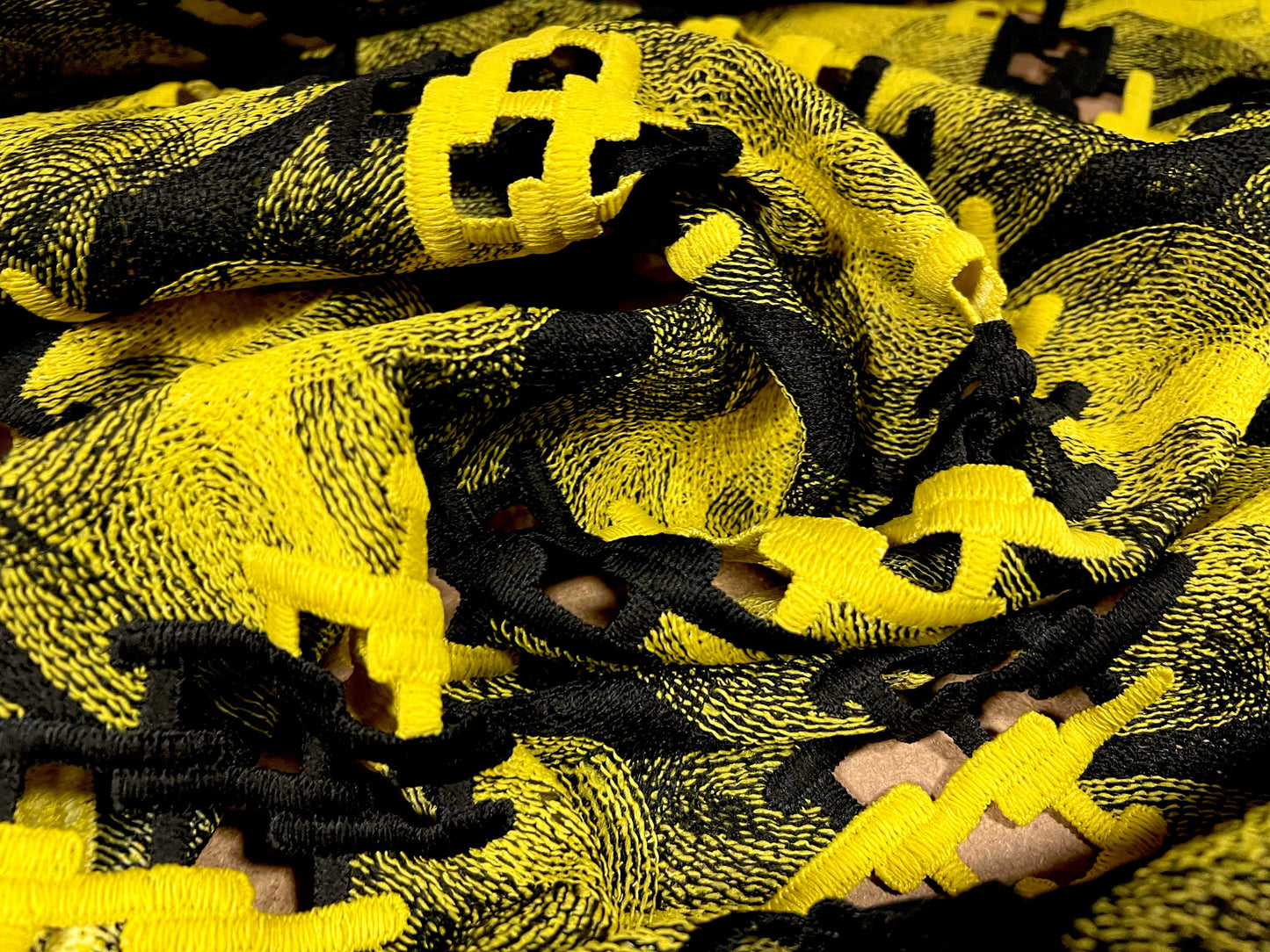 Couture dress fabric, per metre - chain link swirl embroidery - black & yellow
