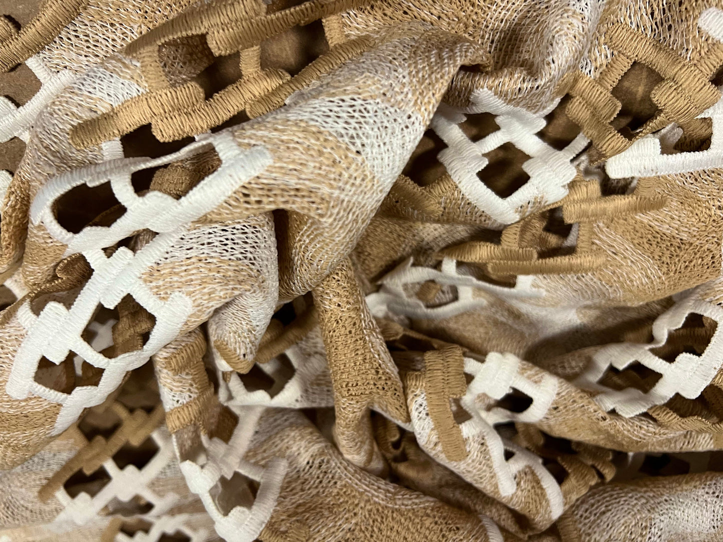 Couture dress fabric, per metre - chain link swirl embroidery - cream & tan