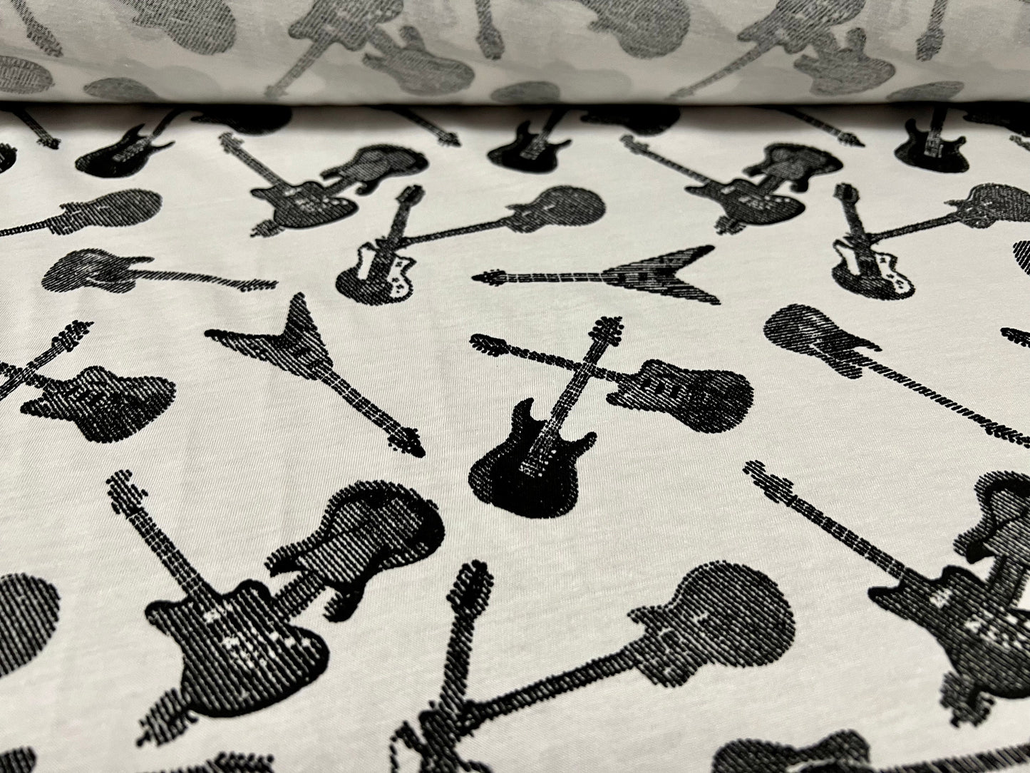 Cotton single jersey fabric, per metre - electric guitars print - white & black