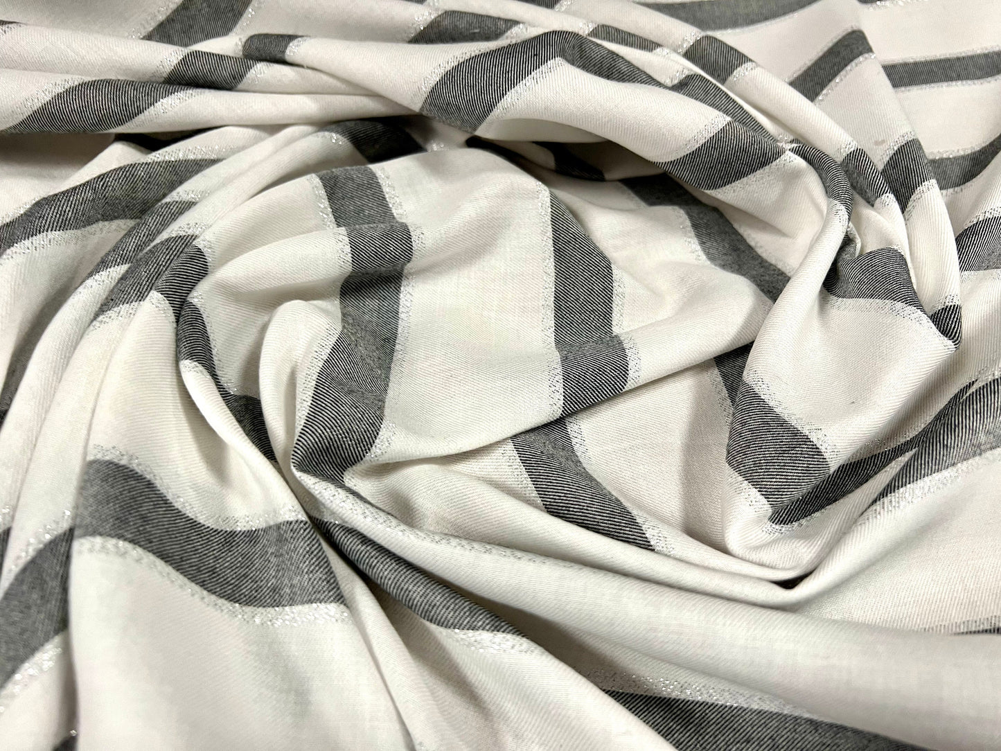 Woven cotton dress shirt fabric, per metre - metallic stripe - grey white & silver