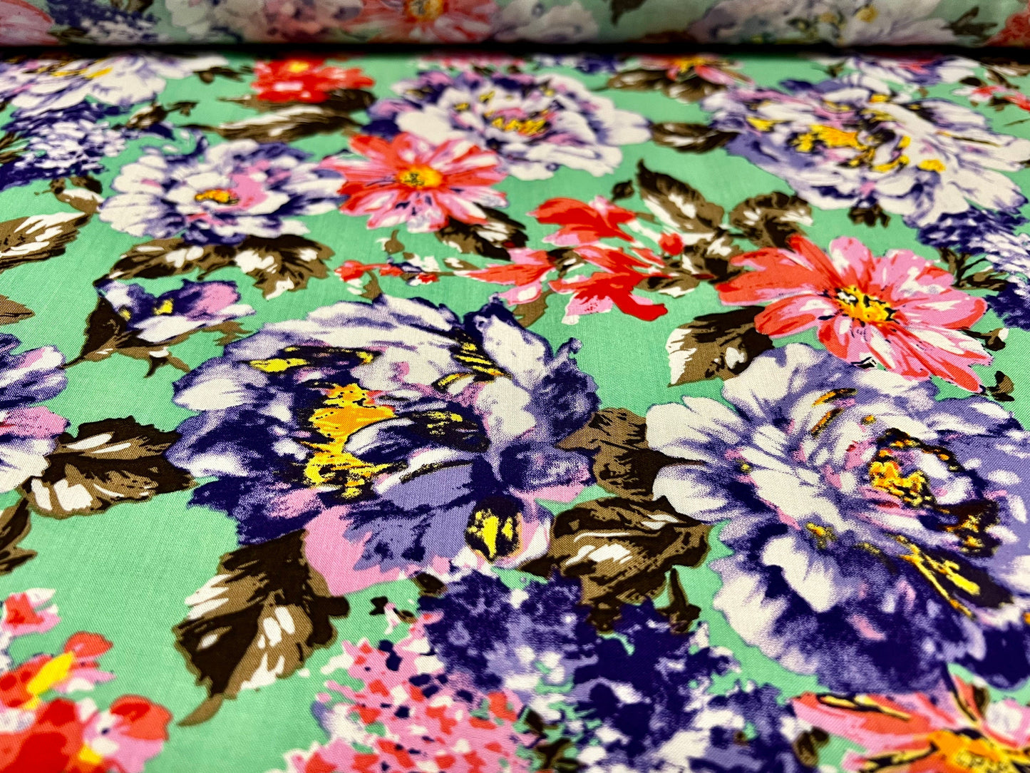 Viscose challis fine woven dress fabric, per metre - flower print - green & violet