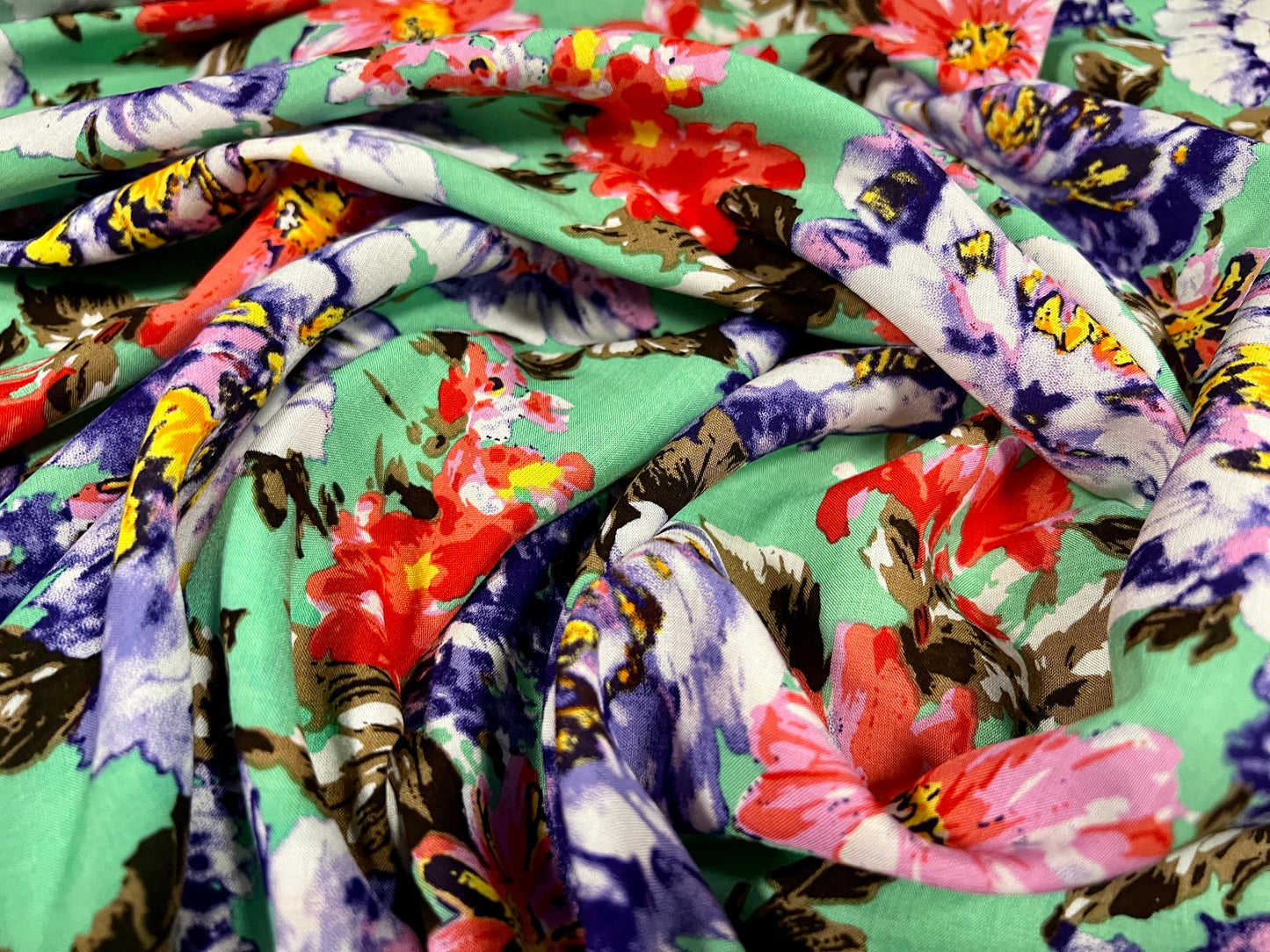 Viscose challis fine woven dress fabric, per metre - flower print - green & violet