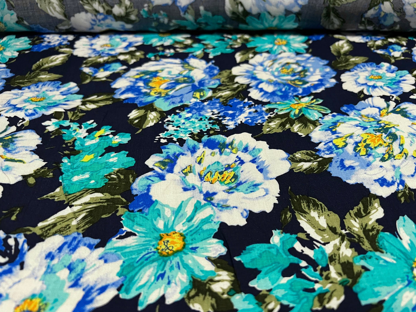 Viscose challis fine woven dress fabric, per metre - flower print - navy blue & turquoise