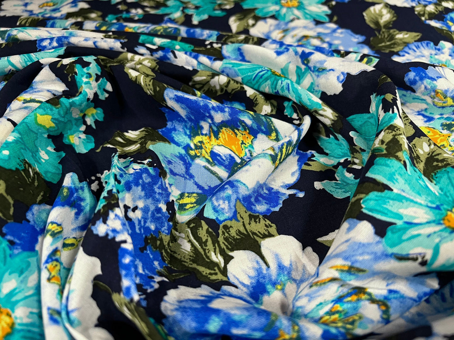 Viscose challis fine woven dress fabric, per metre - flower print - navy blue & turquoise