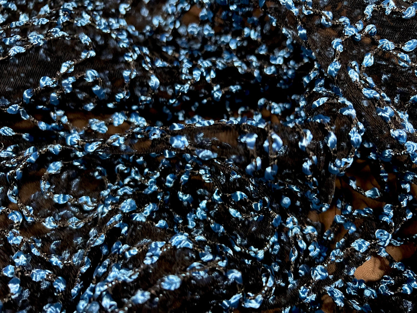 Couture dress fabric, per metre - metallic embroidered swirl chiffon - black & aquamarine