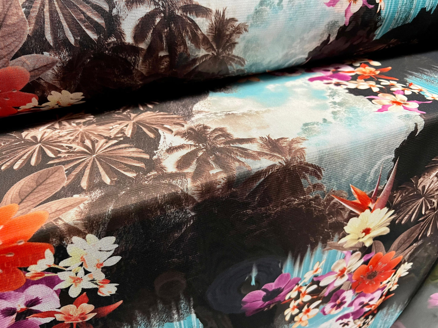 Lightweight mesh net fabric, per metre - Shangri-Lah tropical paradise print