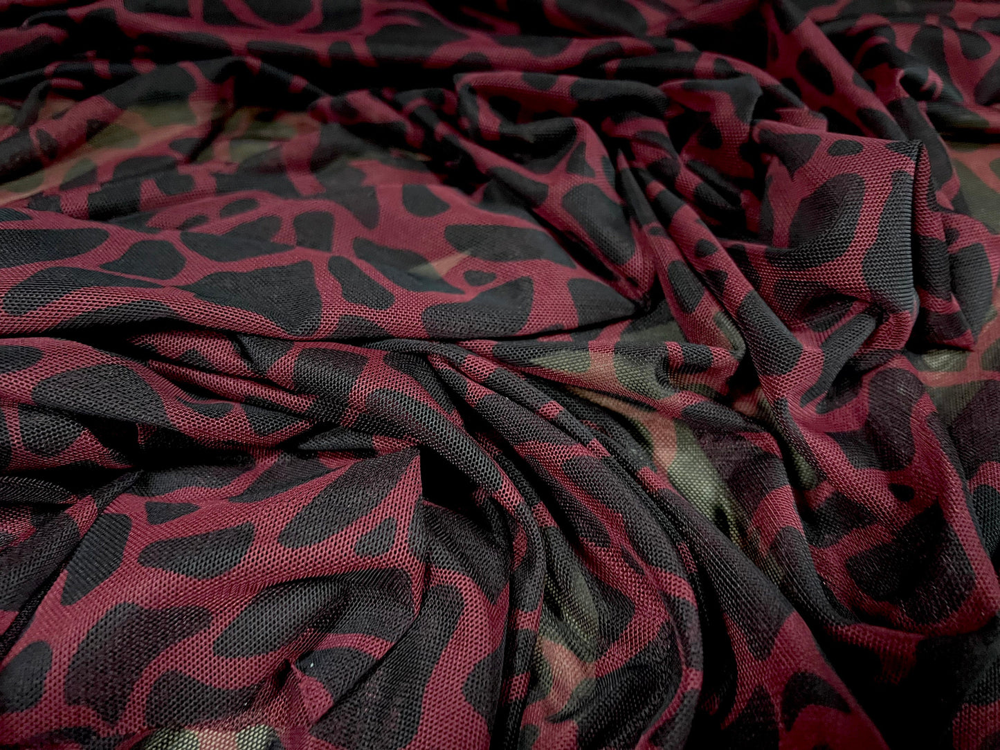 Power mesh net stretch spandex fabric, per metre - giraffe animal print - wine & black
