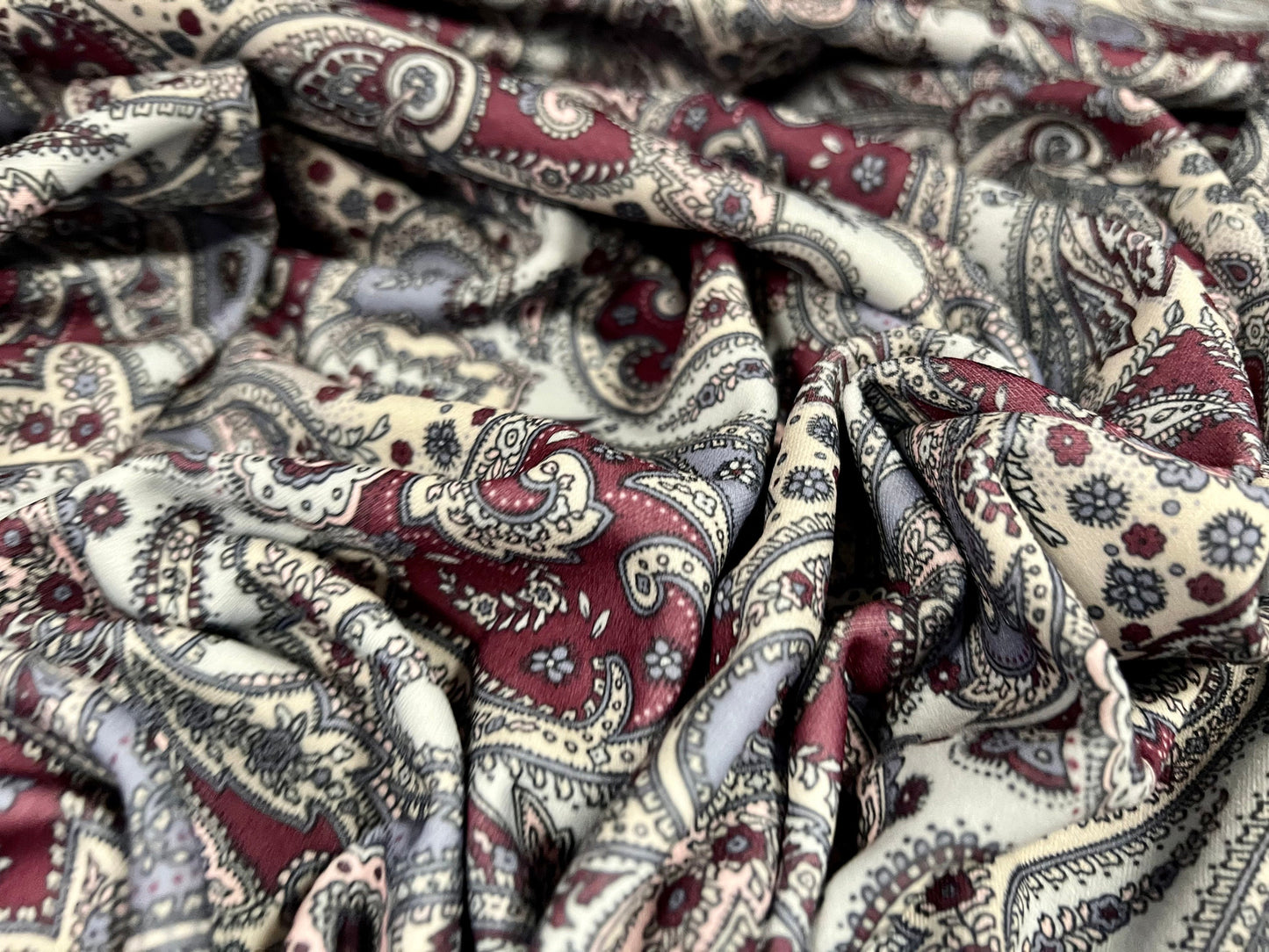 Scuba neoprene style double jersey stretch fabric, per metre - paisley print - powder blue & aubergine