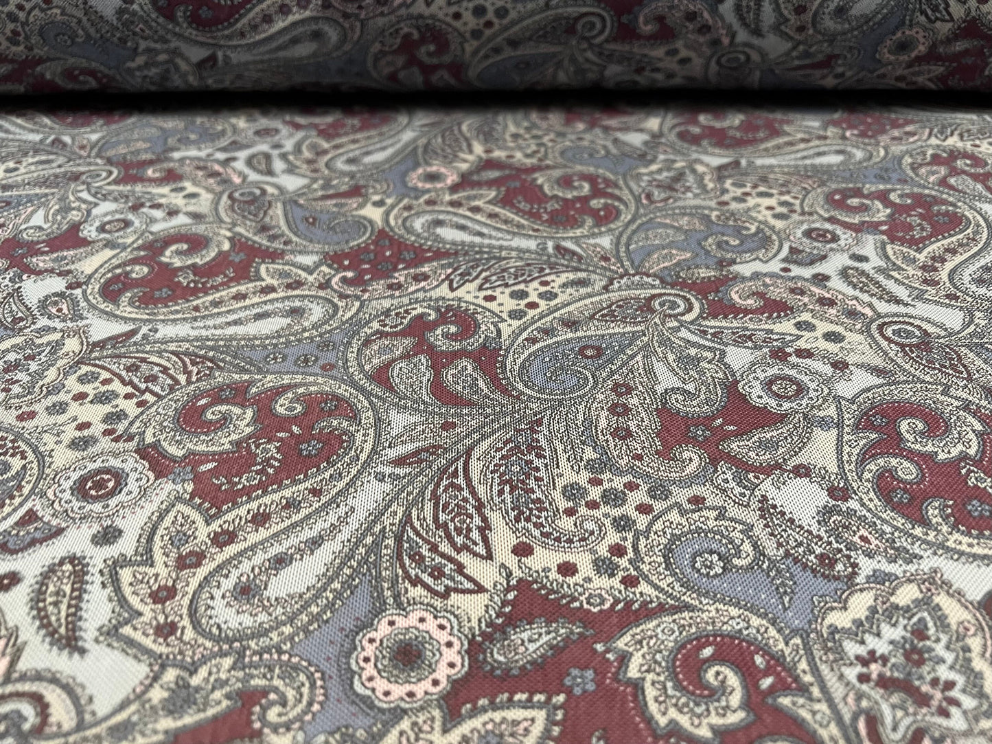 Power mesh net stretch spandex fabric, per metre - paisley print - powder blue & aubergine