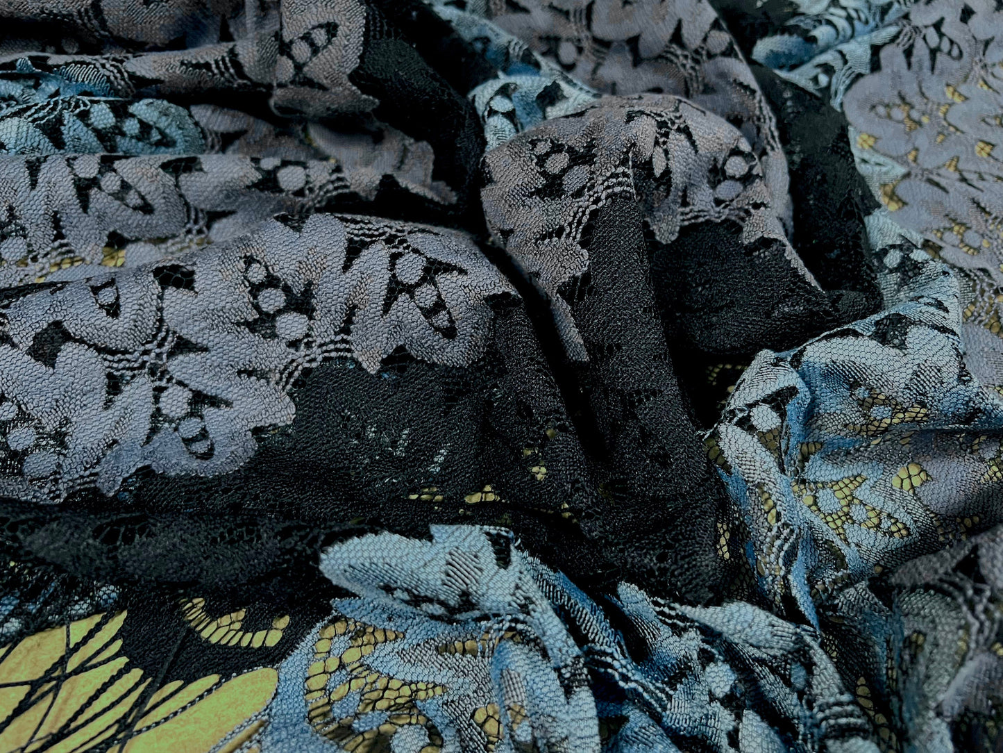 Embroidered lace fabric panel - 1.4 metre length, sold by the panel - tasseled - blue