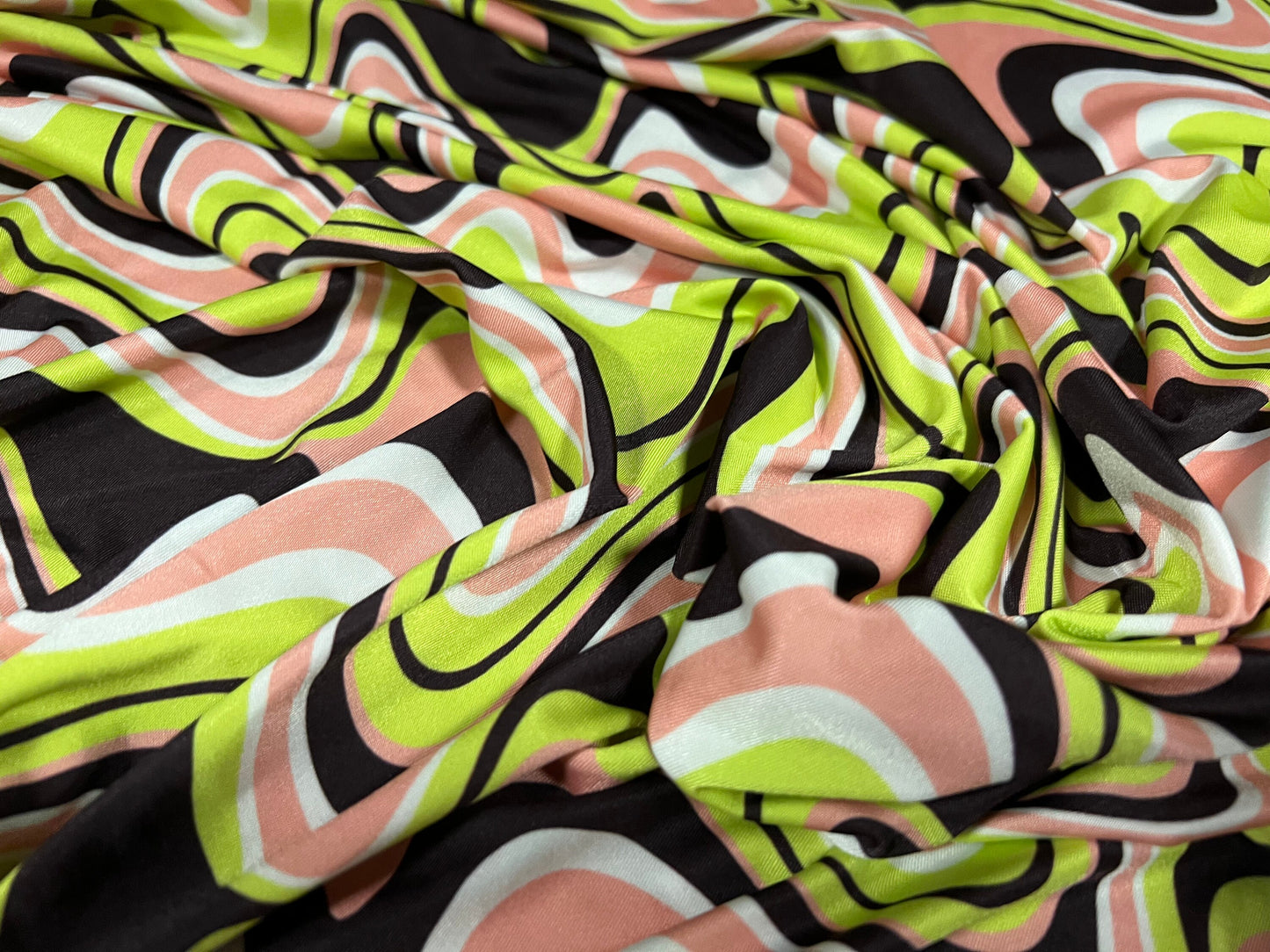 Soft touch stretch spandex jersey fabric, per metre - swirl print - lime peach & black