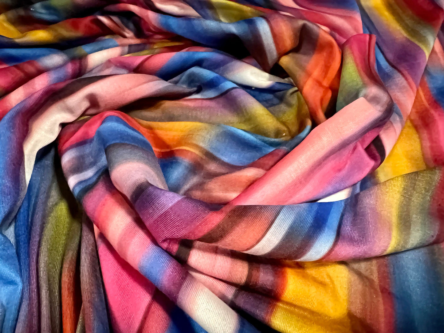 Soft handle stretch spandex jersey fabric, per metre - smudge stripe print - rainbow multicolour