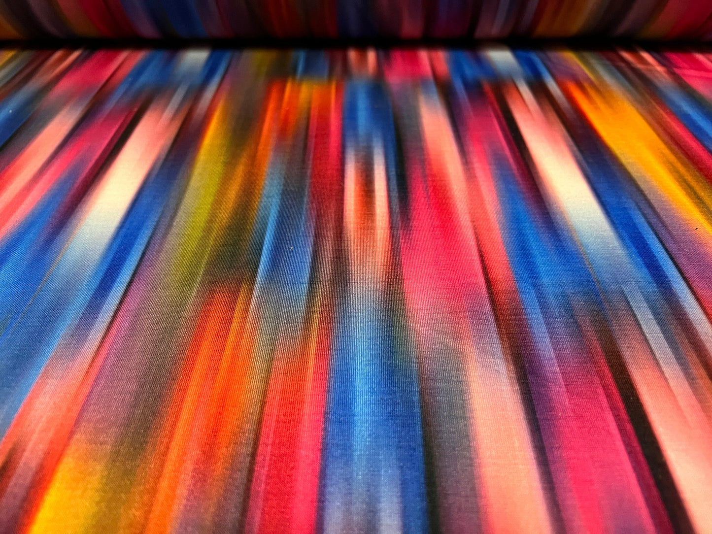 Soft handle stretch spandex jersey fabric, per metre - smudge stripe print - rainbow multicolour