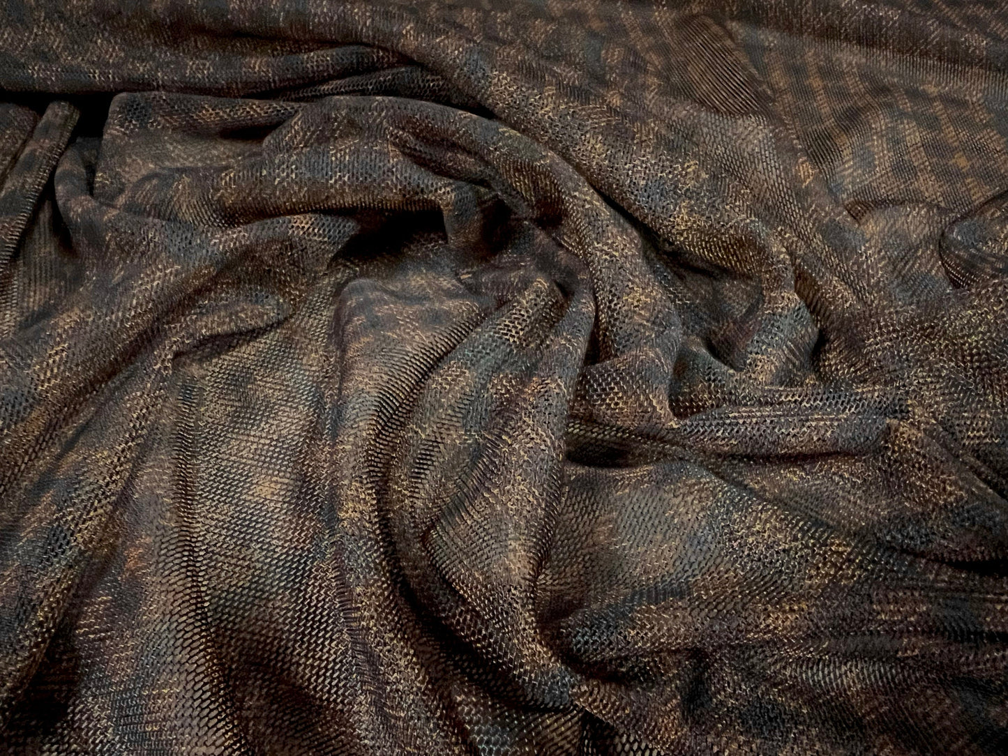 Power mesh net stretch spandex fabric, per metre - geometric check print - brown & black