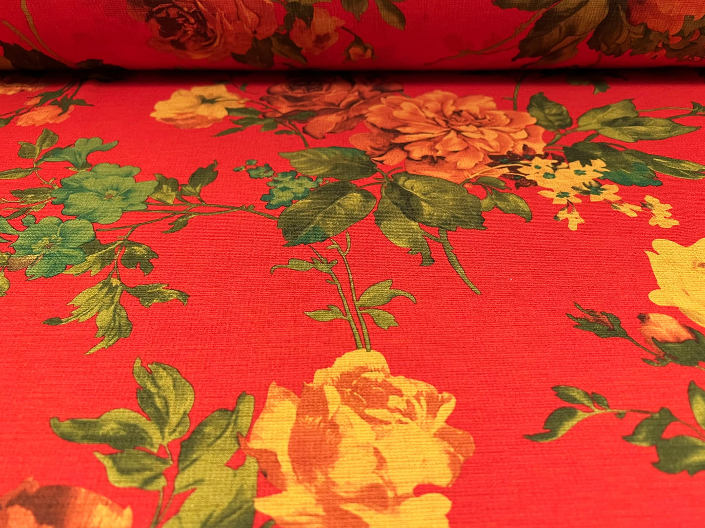 Woven Vienna crepe dress fabric with spandex, per metre - rose flower print - orange red