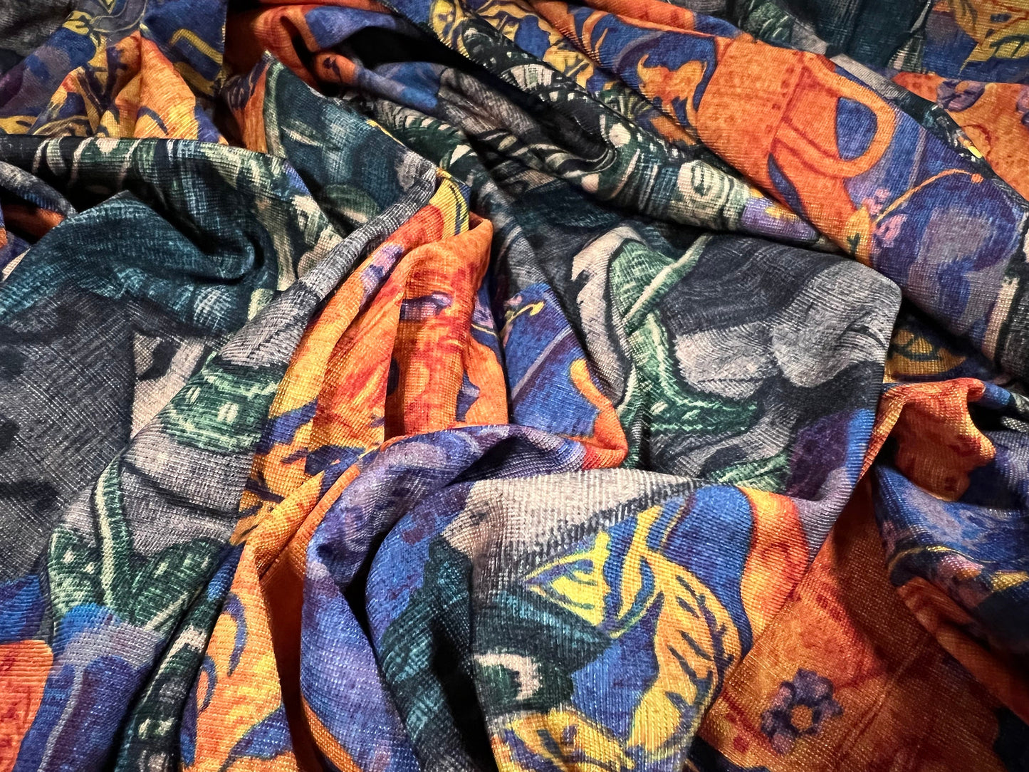 Finely textured stretch spandex single jersey fabric, per metre - Henry Tudor King and Queen print - purple & orange