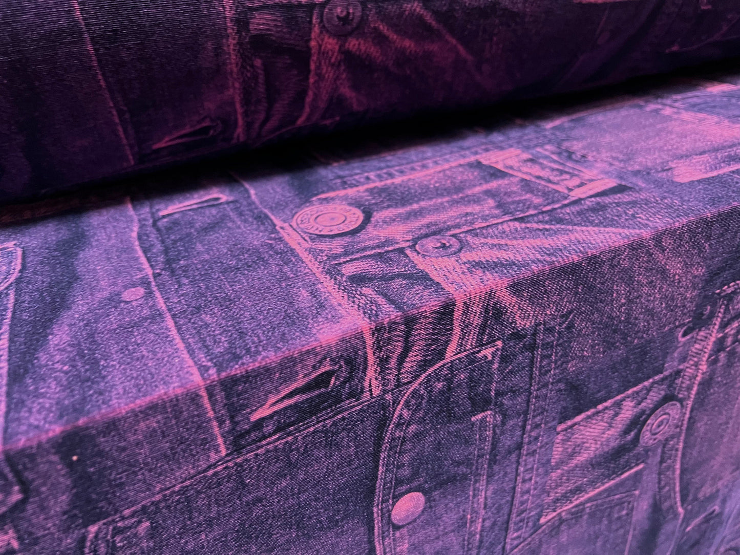 Finely textured stretch spandex single jersey fabric, per metre - Jean pockets print - magenta & purple