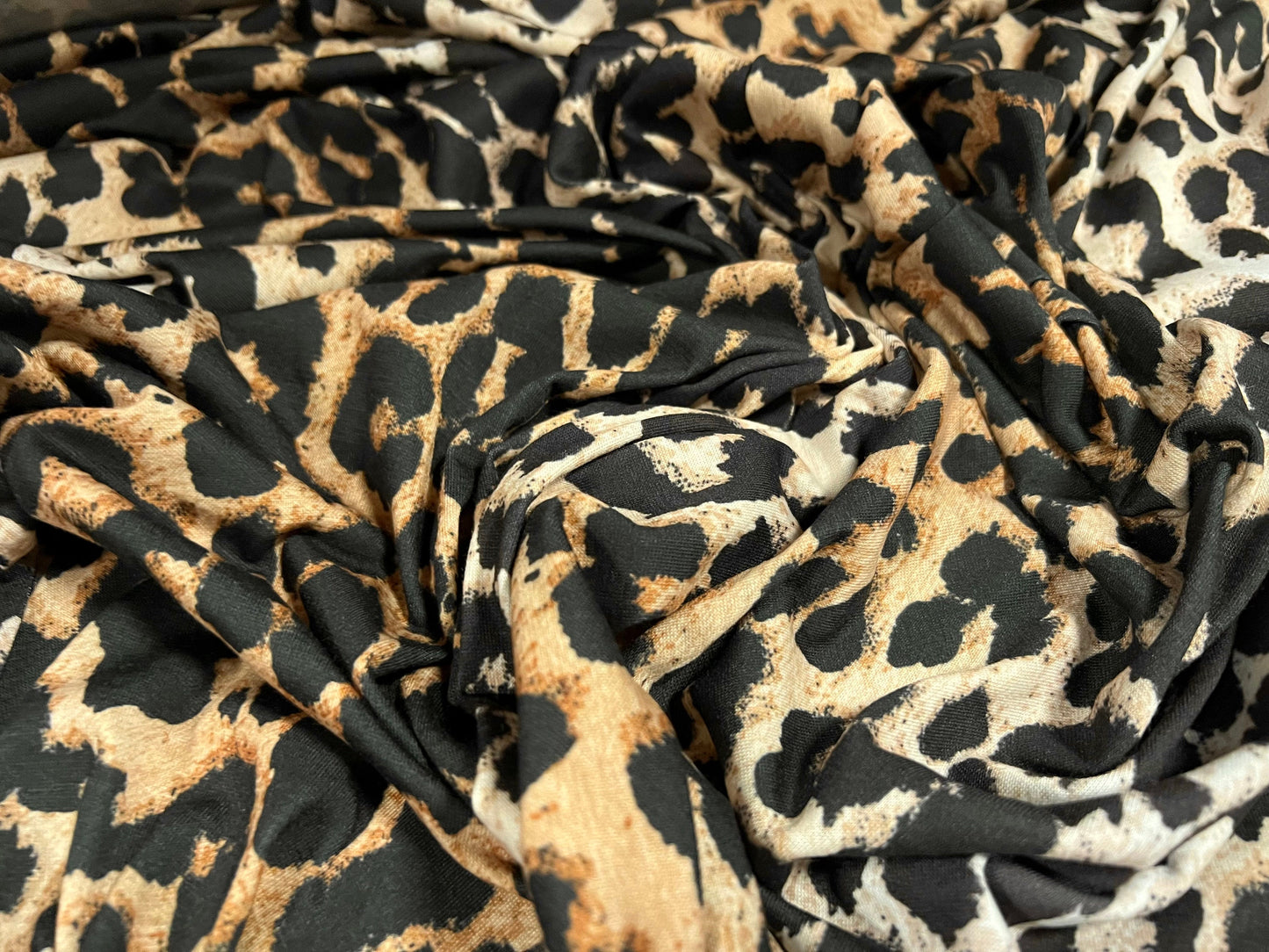 Soft handle stretch spandex jersey fabric, per metre - cheetah print - gold & cream