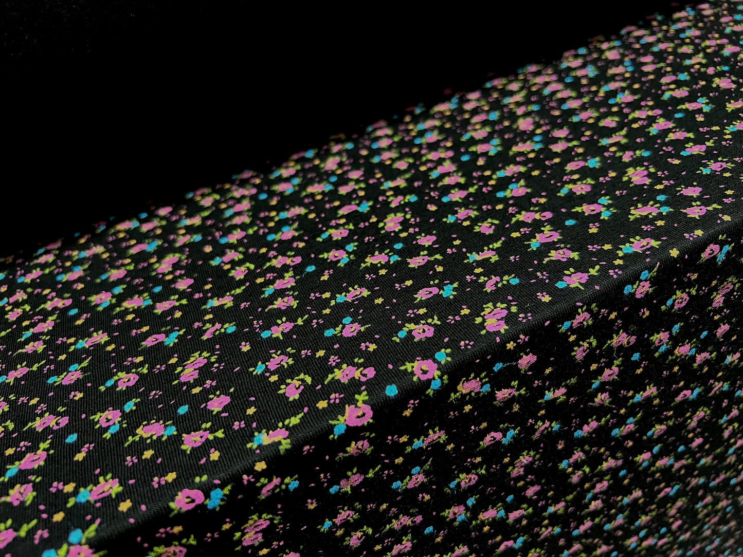 Viscose spandex stretch single jersey fabric, per metre - Ditsy flower print - black & magenta
