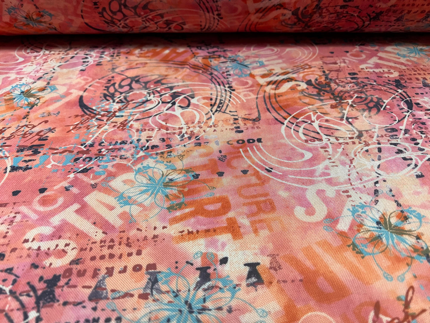 Power mesh net stretch spandex fabric, per metre - graffiti scribble print - pink