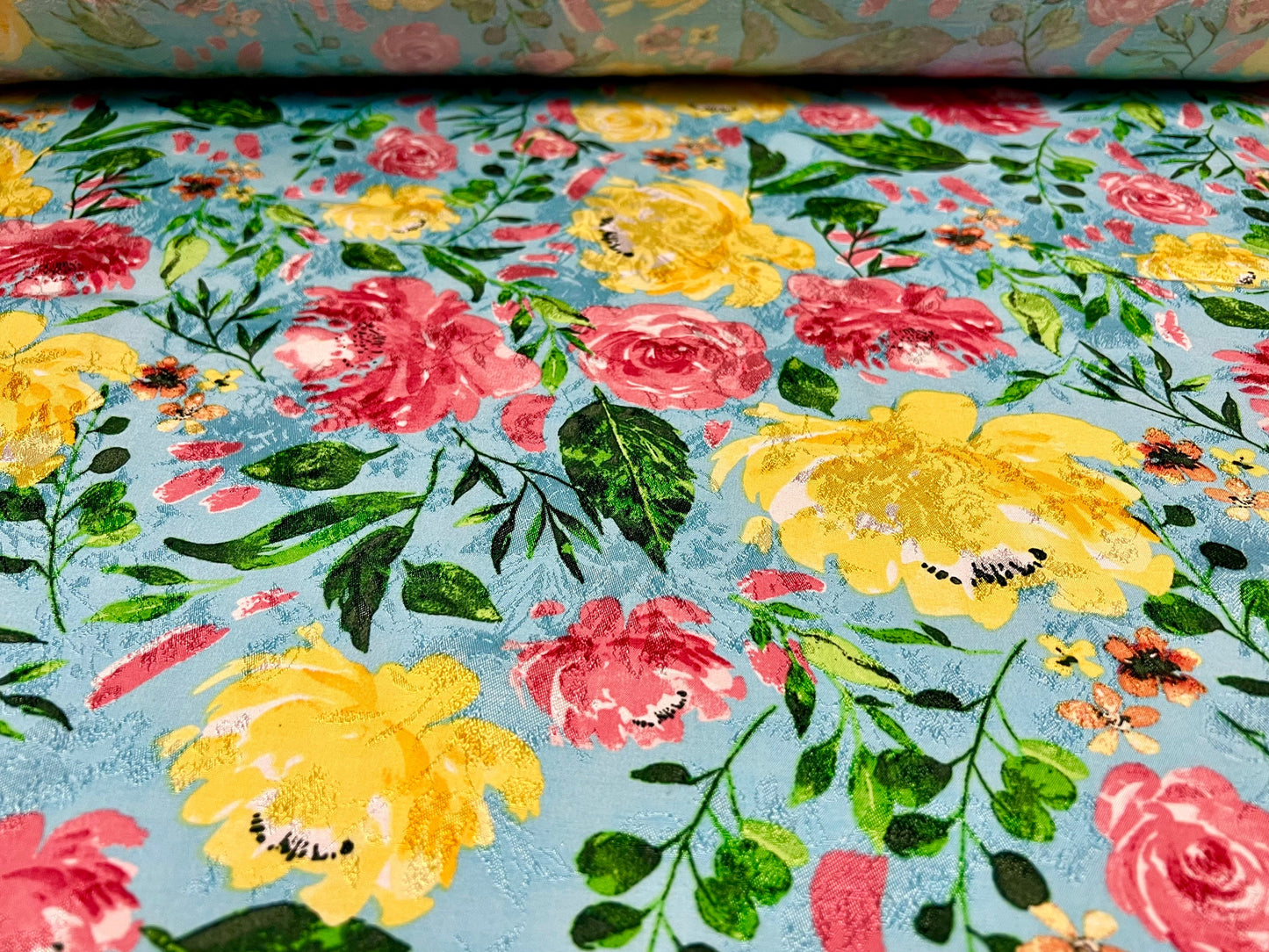 Woven jacquard dress fabric, per metre -flower print - blue pink & yellow