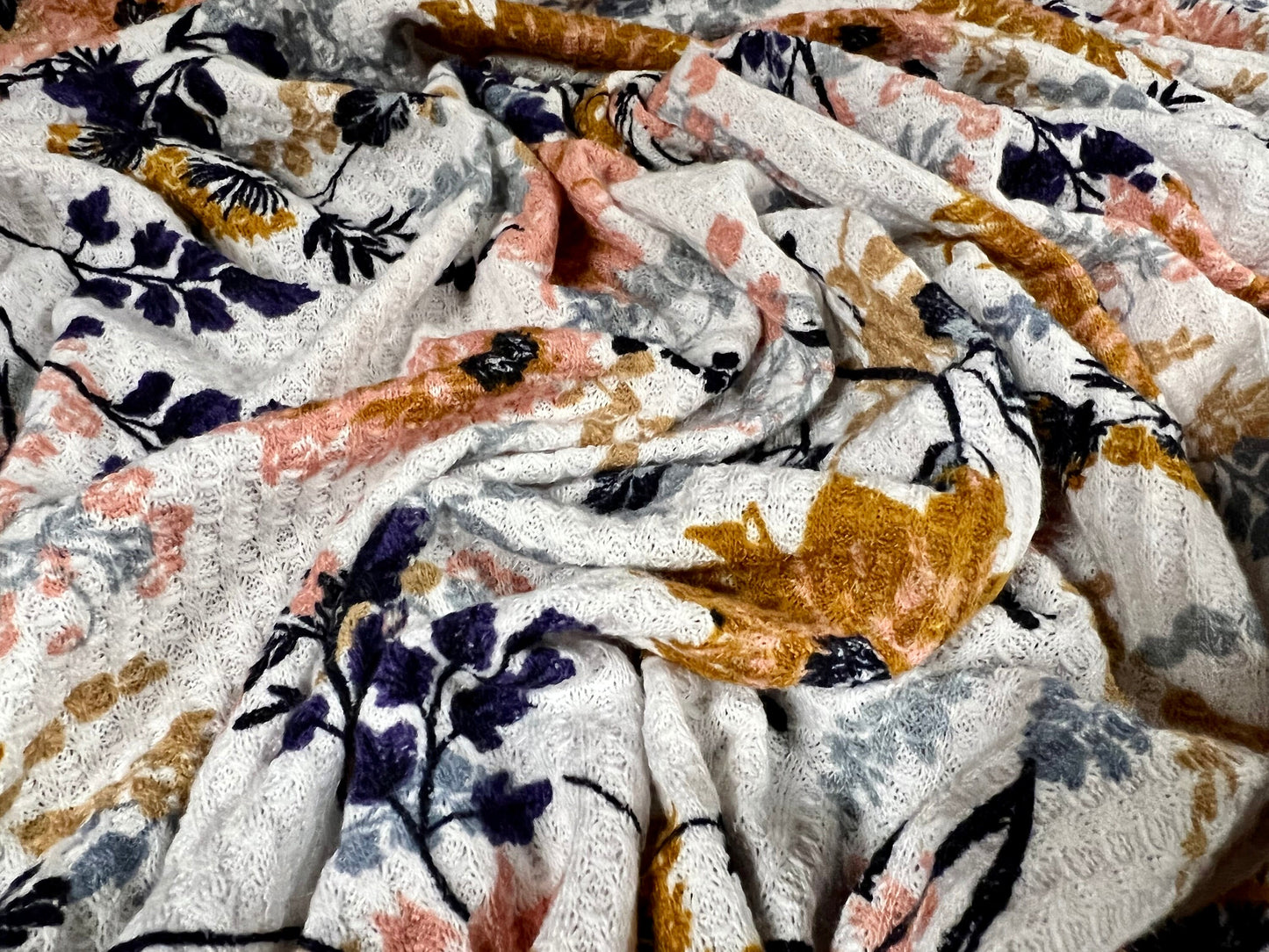 Textured stretch spandex jersey dress fabric, per metre - floral print - white mustard & navy