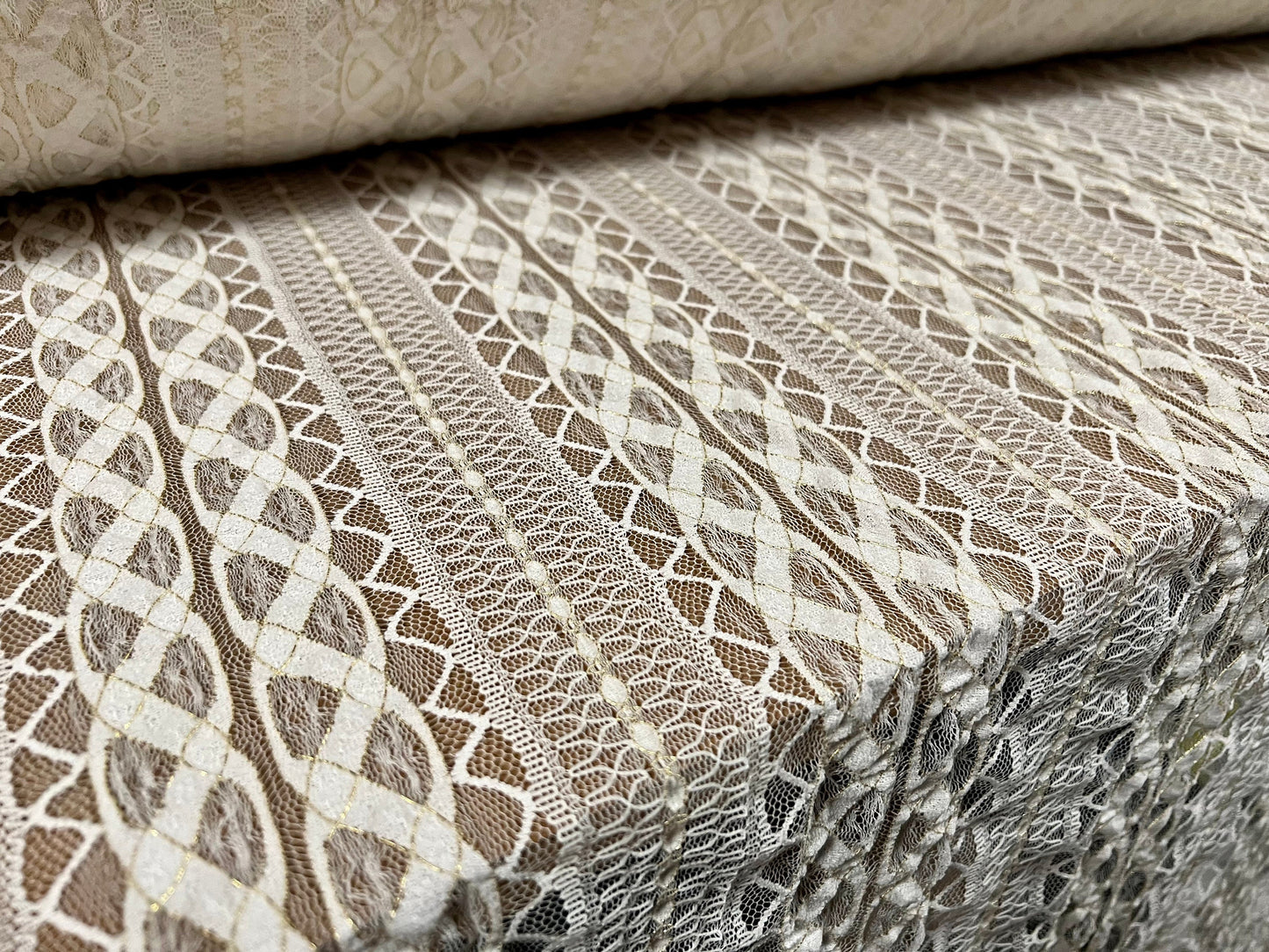 Metallic stretch spandex blister lace fabric, per metre - geometric stripe design - cream & gold lurex