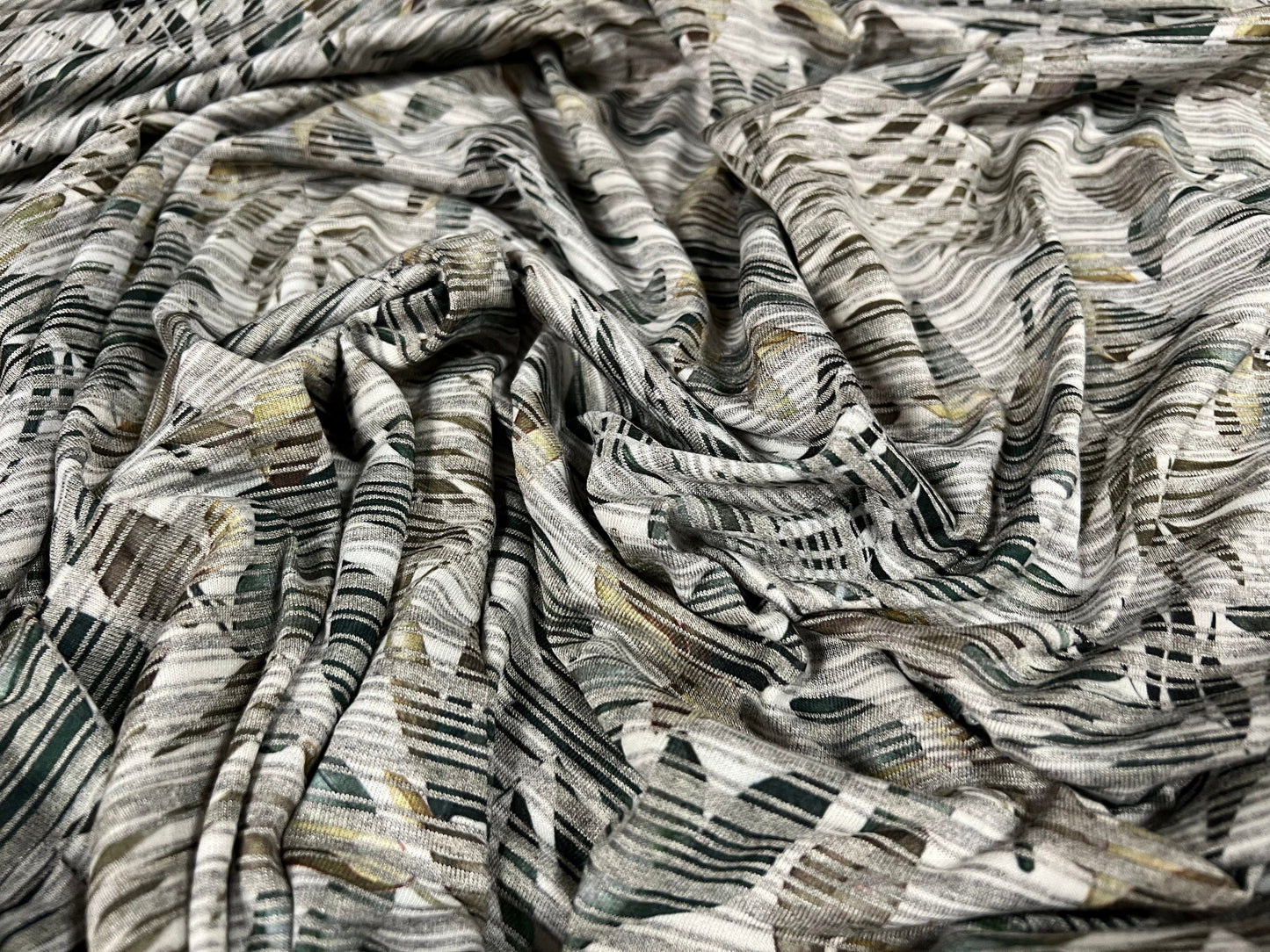 Cotton blend single jersey dress fabric, per metre - slub stripe leaf print - grey & sage