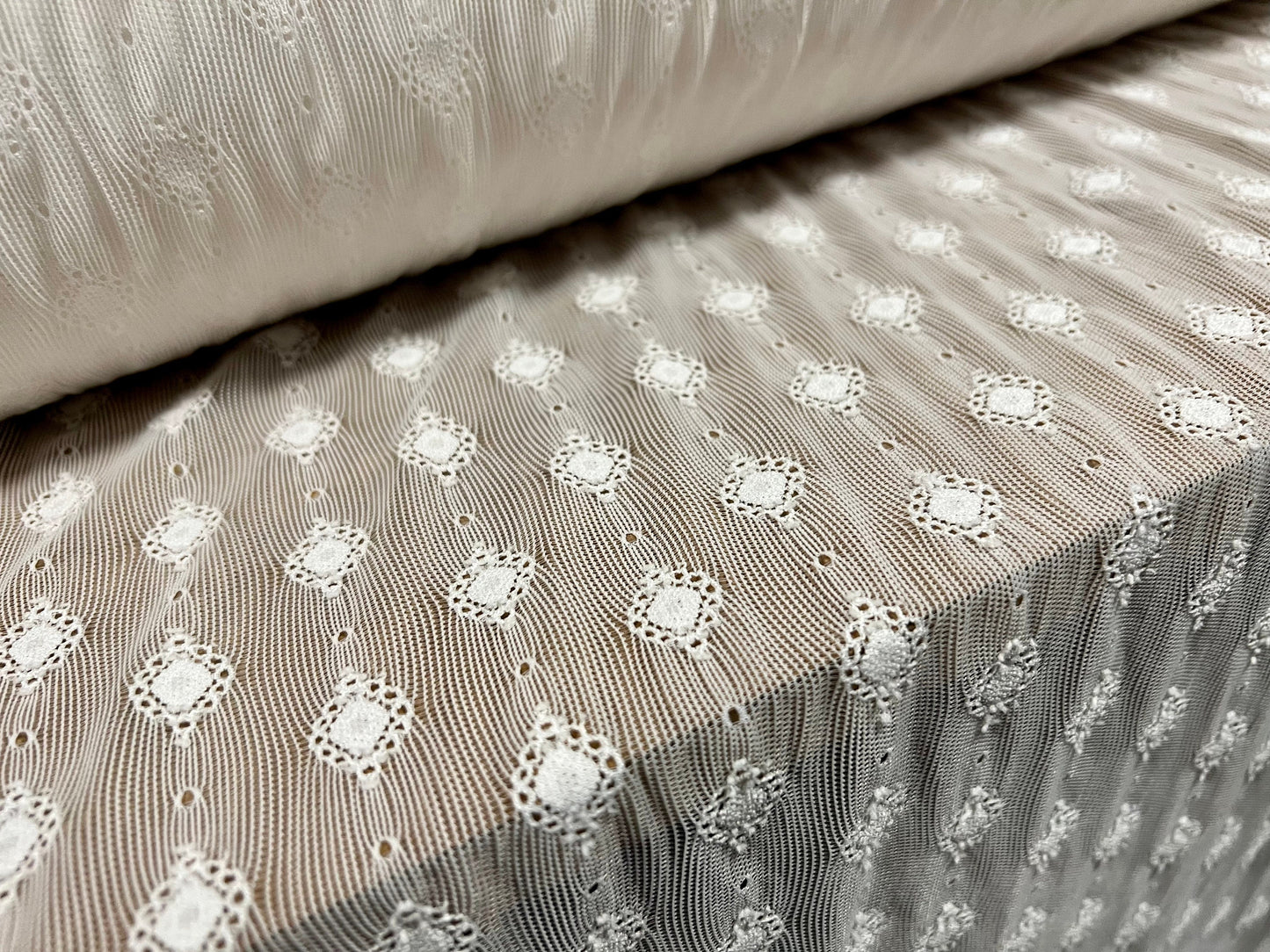 Power mesh net stretch spandex fabric, per metre - jacquard embroidery design - White