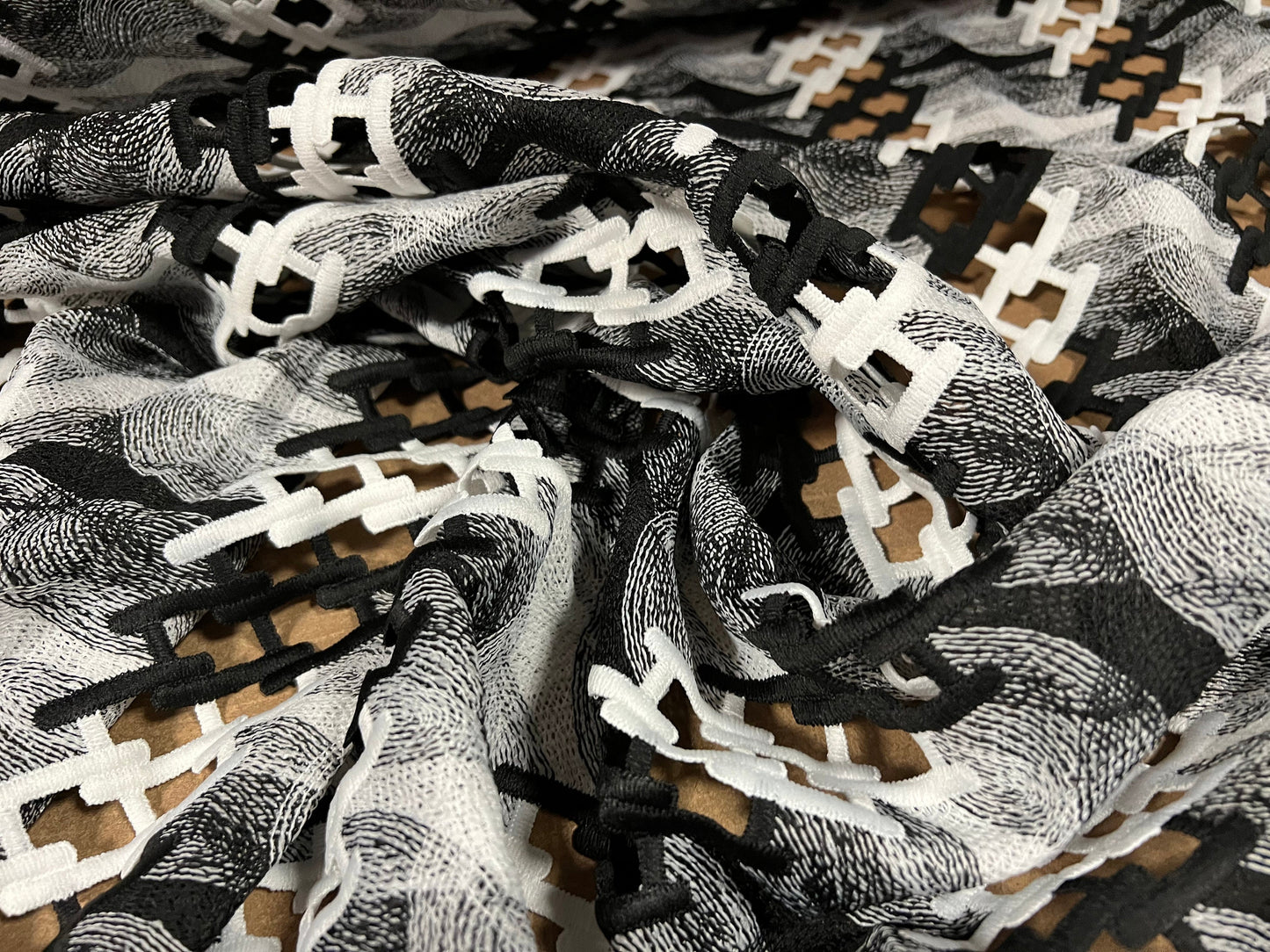Couture dress fabric, per metre - chain link swirl embroidery - black & white