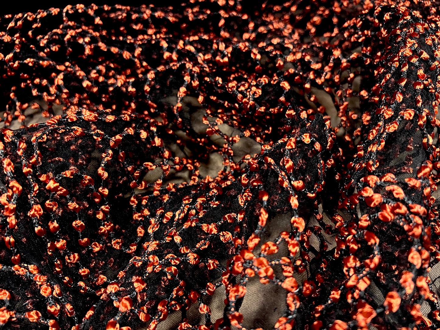 Couture dress fabric, per metre - metallic embroidered swirl chiffon - black & copper