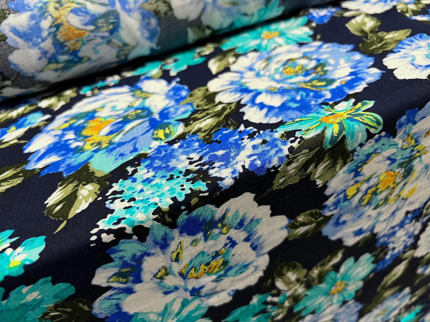 Viscose challis fine woven dress fabric, per metre - flower print - navy blue & turquoise