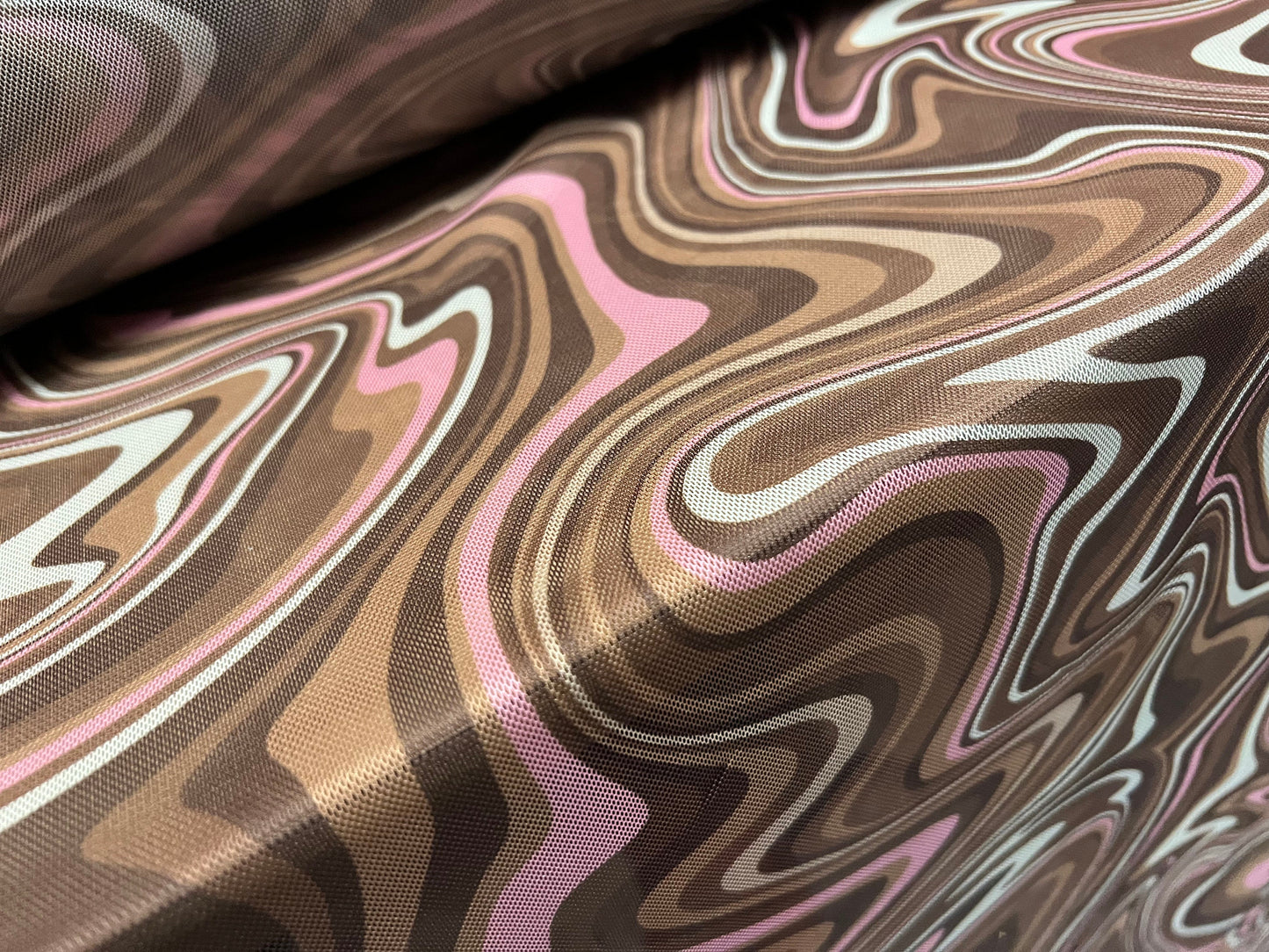 Power mesh net stretch spandex fabric, per metre - retro swirl print - pink & brown