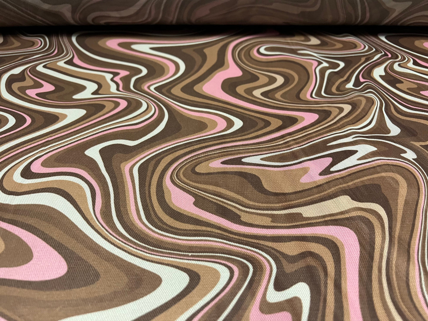 Power mesh net stretch spandex fabric, per metre - retro swirl print - pink & brown