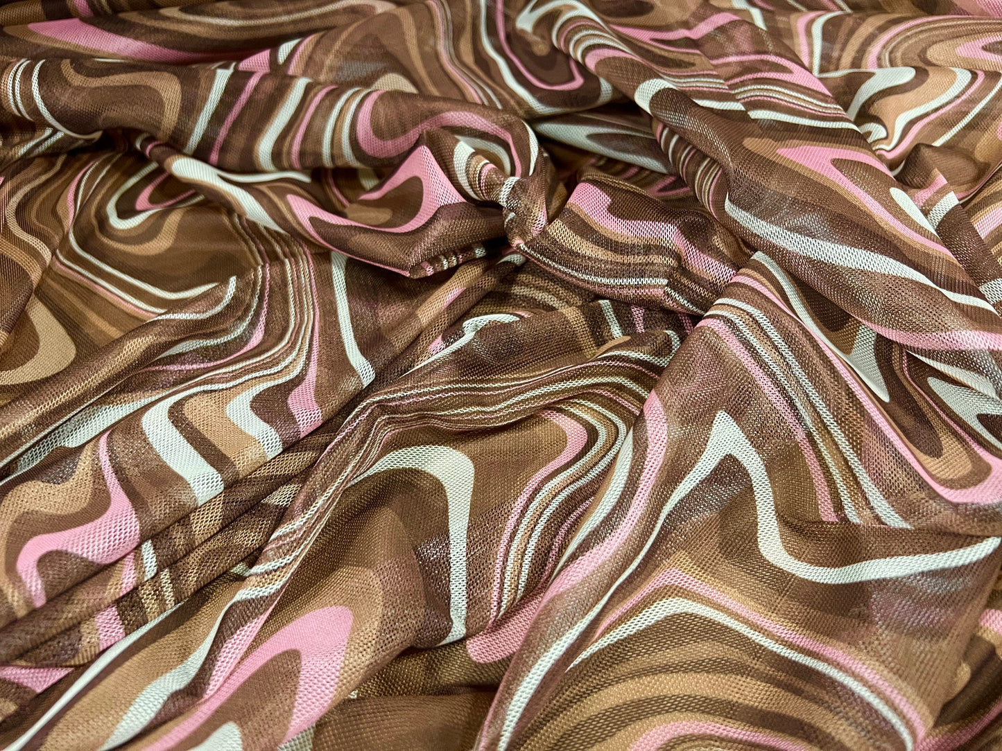 Power mesh net stretch spandex fabric, per metre - retro swirl print - pink & brown