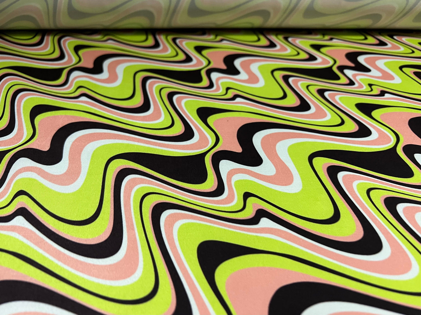 Soft touch stretch spandex jersey fabric, per metre - swirl print - lime peach & black