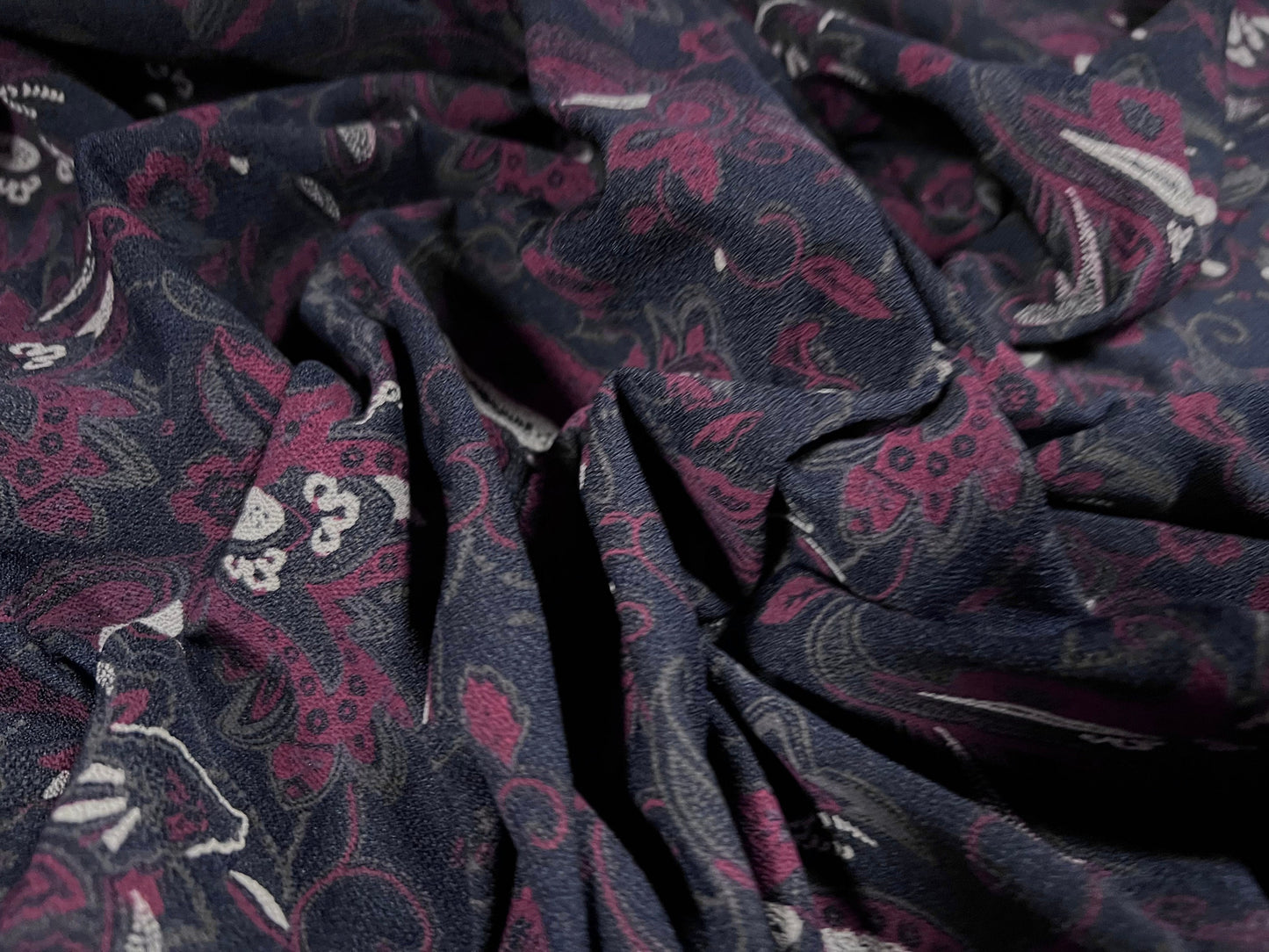 Crepe single jersey fabric, per metre - paisley print - navy blue, wine & white