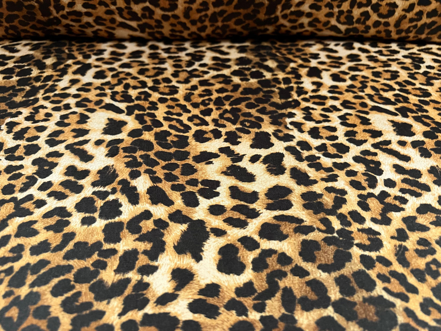 Soft touch stretch spandex single jersey fabric, per metre - leopardskin animal print - gold & brown