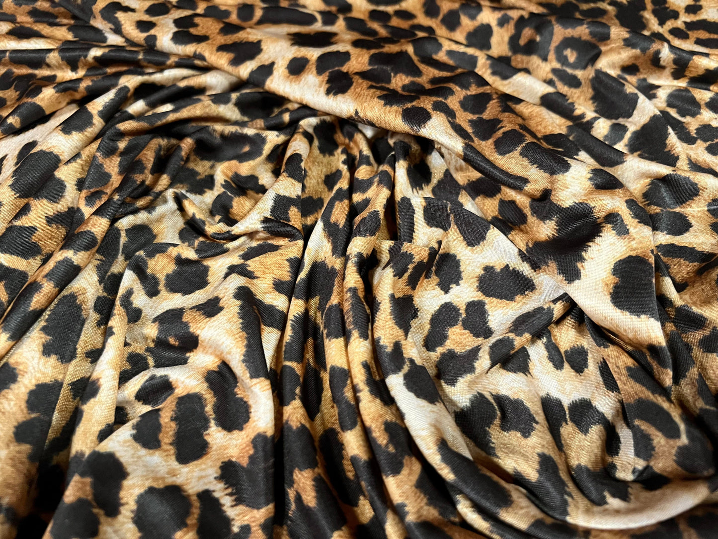 Soft touch stretch spandex single jersey fabric, per metre - leopardskin animal print - gold & brown