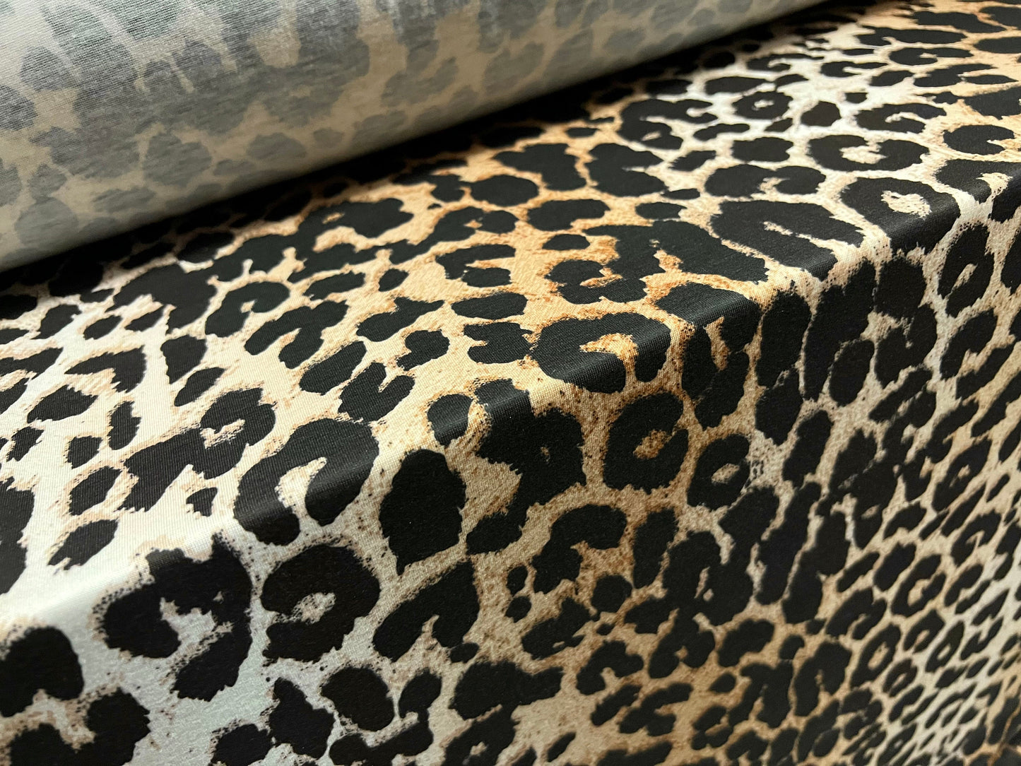 Soft handle stretch spandex jersey fabric, per metre - cheetah print - gold & cream