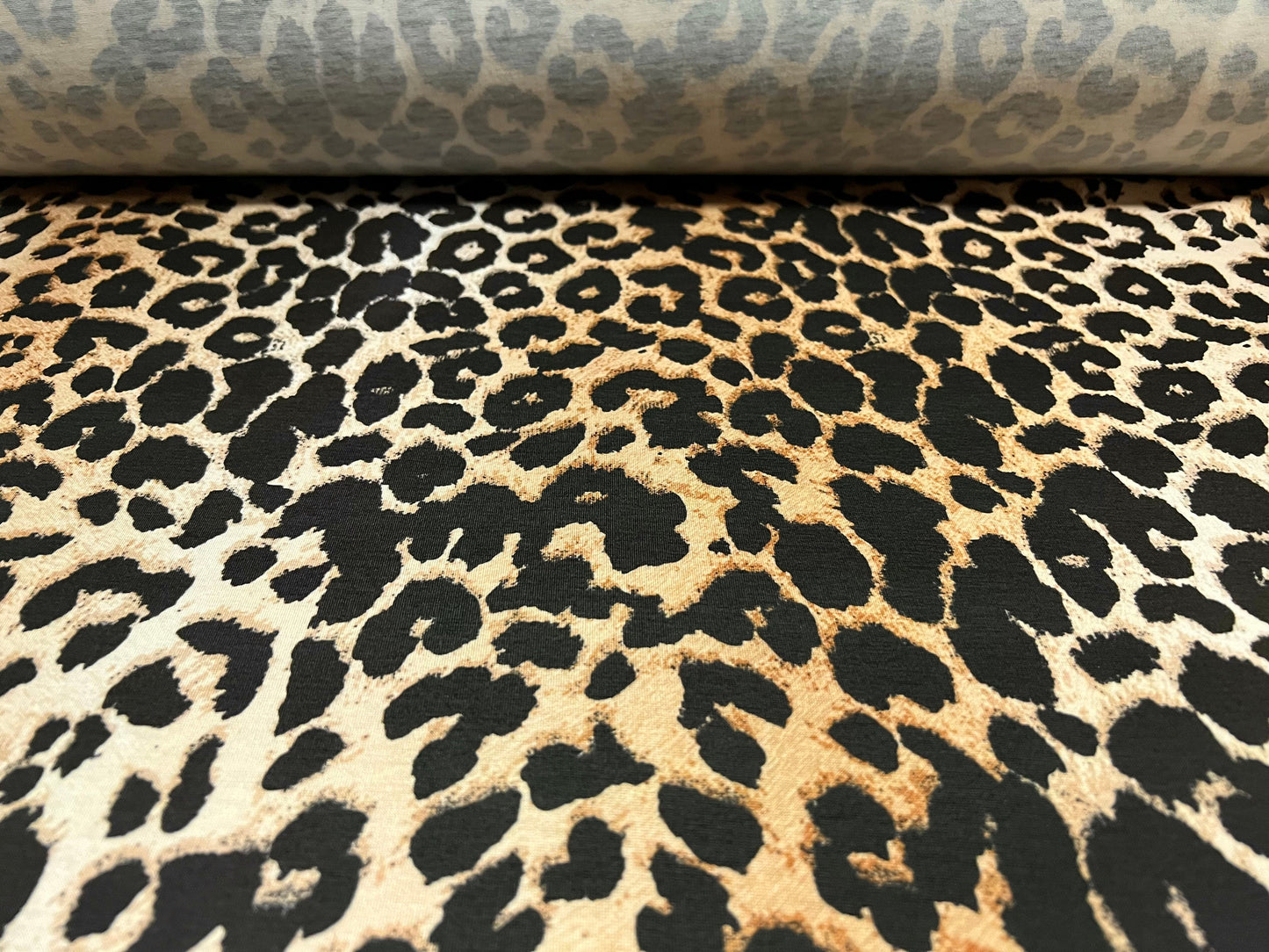 Soft handle stretch spandex jersey fabric, per metre - cheetah print - gold & cream