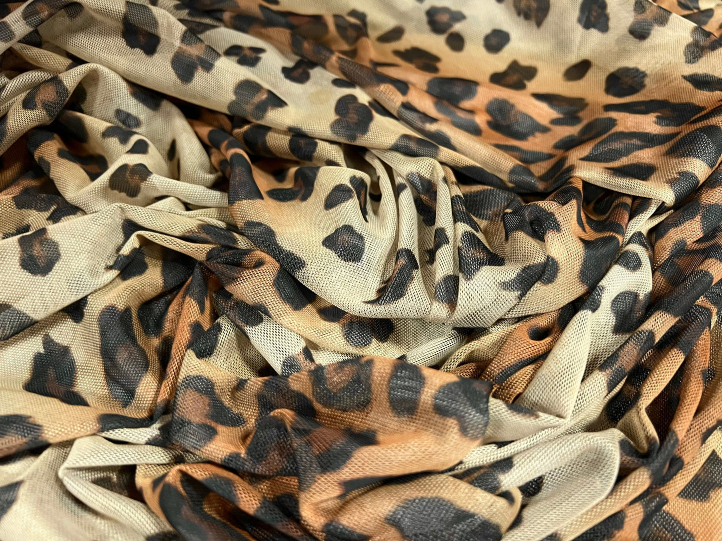 Power mesh net stretch spandex fabric, per metre - bias Leopard print - gold & brown