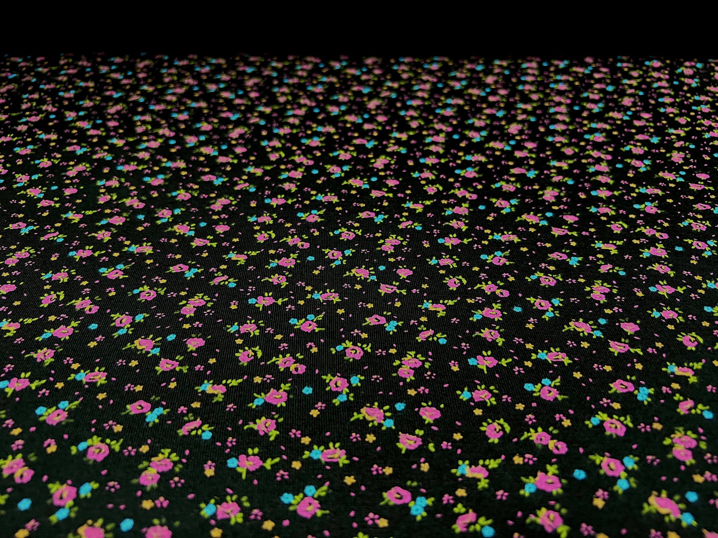 Viscose spandex stretch single jersey fabric, per metre - Ditsy flower print - black & magenta