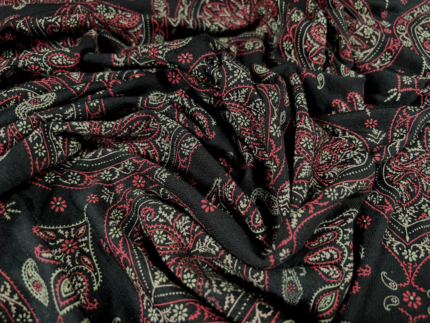 Viscose spandex stretch single jersey fabric, per metre - Persian paisley tile print - black & wine