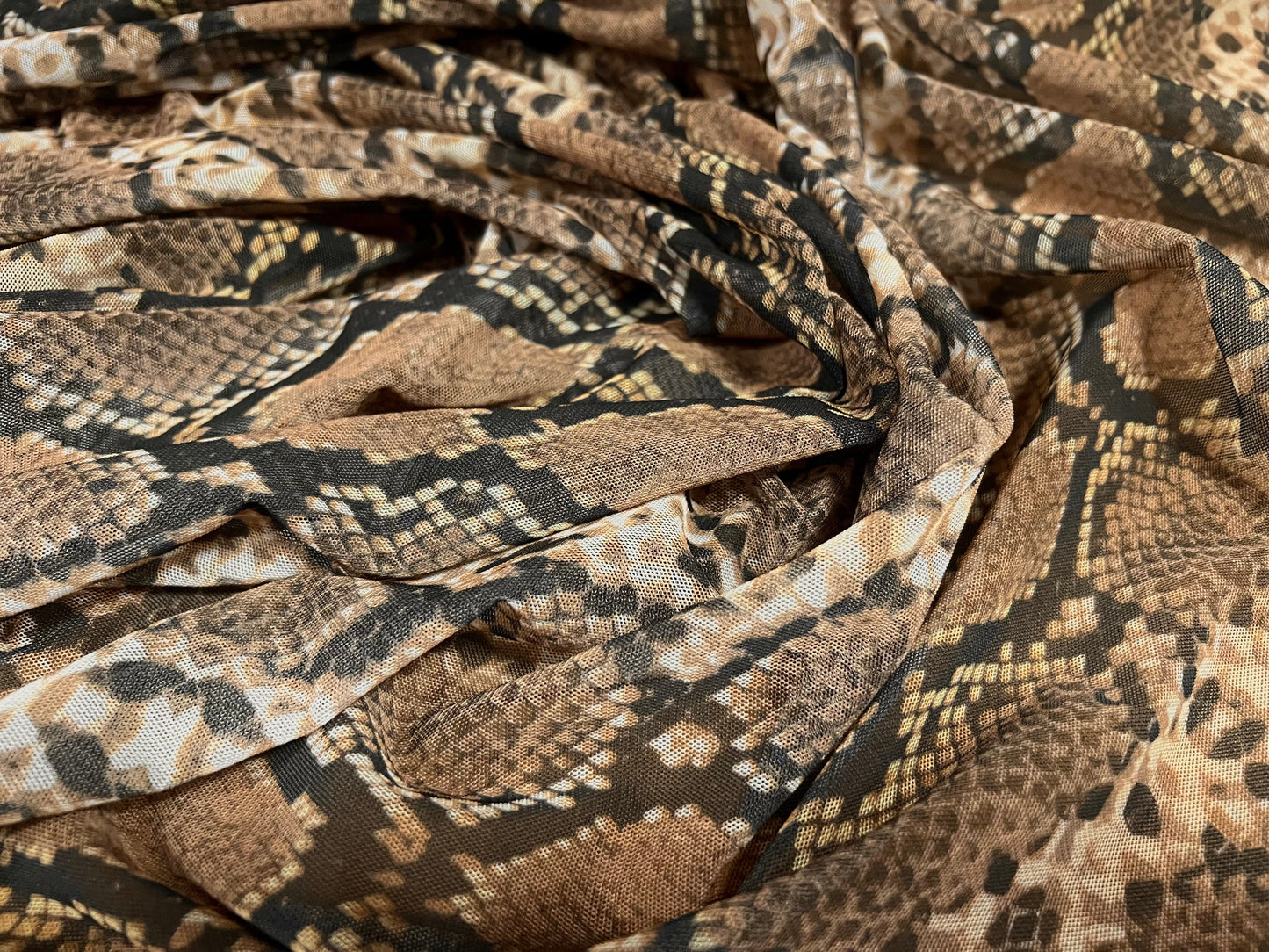 Power mesh net stretch spandex fabric, per metre - Snakeskin print - stone & brown