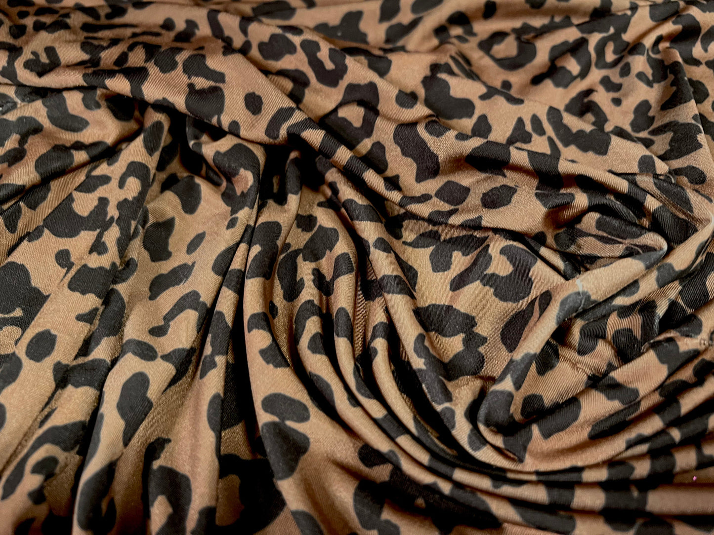 Soft touch stretch spandex single jersey fabric, per metre - cheetah animal print - hazelnut brown