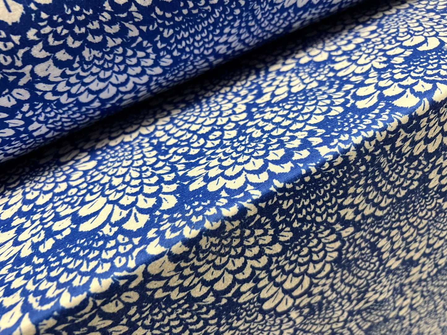 Soft handle single jersey dress fabric, per metre - Feathers print - bright blue